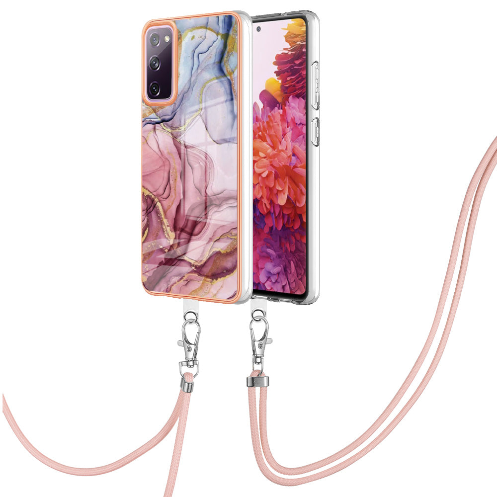 For Samsung Galaxy S20 FE / FE 5G / FE 2022 / S20 Lite IMD Case YB IMD Series-18 Style E Electroplating Marble Pattern 2.0mm TPU Phone Cover with Lanyard - Rose Gold