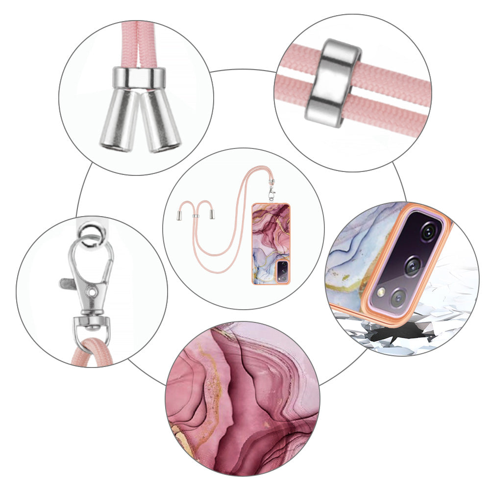 For Samsung Galaxy S20 FE / FE 5G / FE 2022 / S20 Lite IMD Case YB IMD Series-18 Style E Electroplating Marble Pattern 2.0mm TPU Phone Cover with Lanyard - Rose Gold