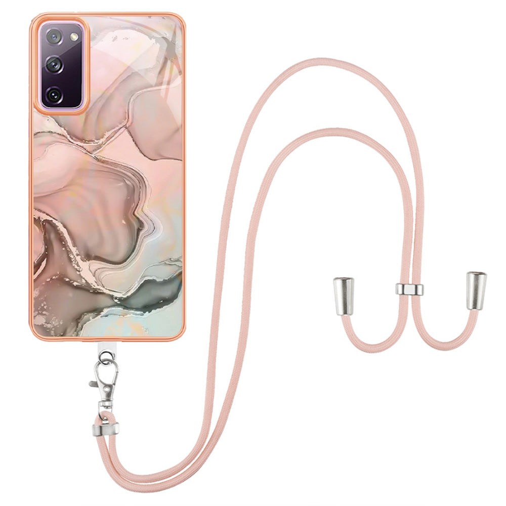 For Samsung Galaxy S20 FE / FE 5G / FE 2022 / S20 Lite IMD Case YB IMD Series-18 Style E Electroplating Marble Pattern 2.0mm TPU Phone Cover with Lanyard - Pink