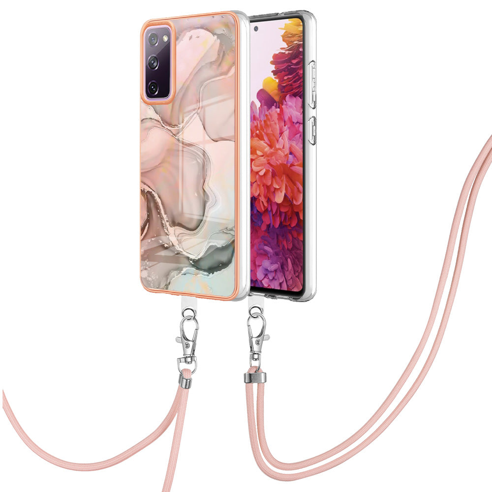 For Samsung Galaxy S20 FE / FE 5G / FE 2022 / S20 Lite IMD Case YB IMD Series-18 Style E Electroplating Marble Pattern 2.0mm TPU Phone Cover with Lanyard - Pink