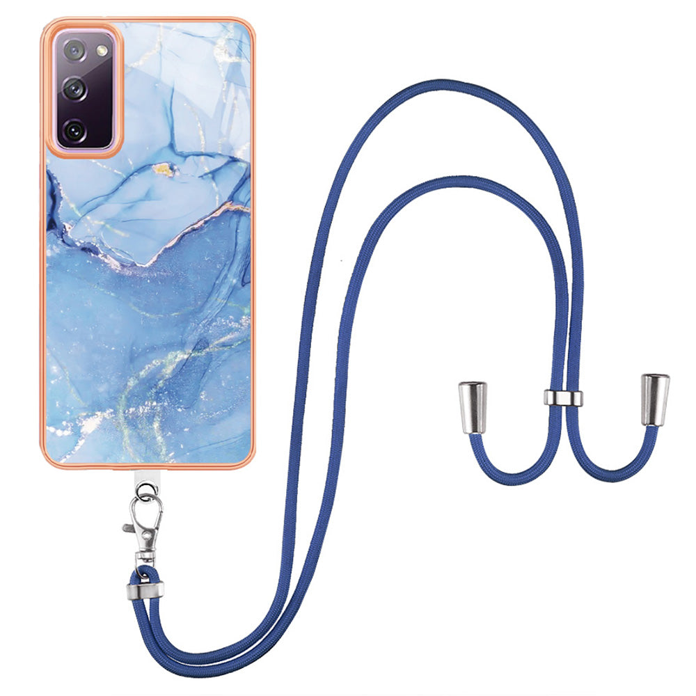 For Samsung Galaxy S20 FE / FE 5G / FE 2022 / S20 Lite IMD Case YB IMD Series-18 Style E Electroplating Marble Pattern 2.0mm TPU Phone Cover with Lanyard - Blue