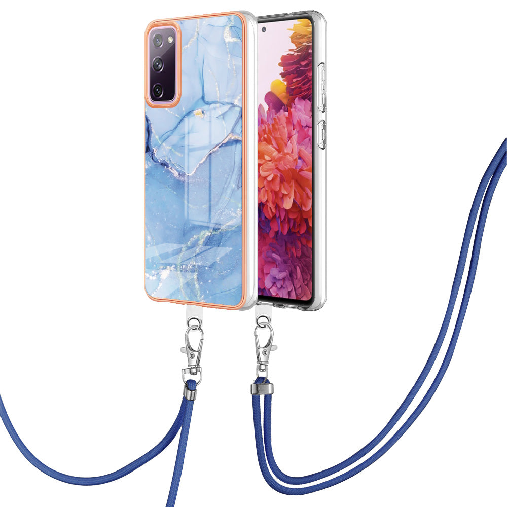 For Samsung Galaxy S20 FE / FE 5G / FE 2022 / S20 Lite IMD Case YB IMD Series-18 Style E Electroplating Marble Pattern 2.0mm TPU Phone Cover with Lanyard - Blue