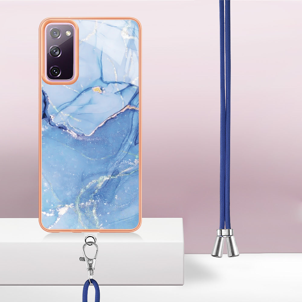 For Samsung Galaxy S20 FE / FE 5G / FE 2022 / S20 Lite IMD Case YB IMD Series-18 Style E Electroplating Marble Pattern 2.0mm TPU Phone Cover with Lanyard - Blue