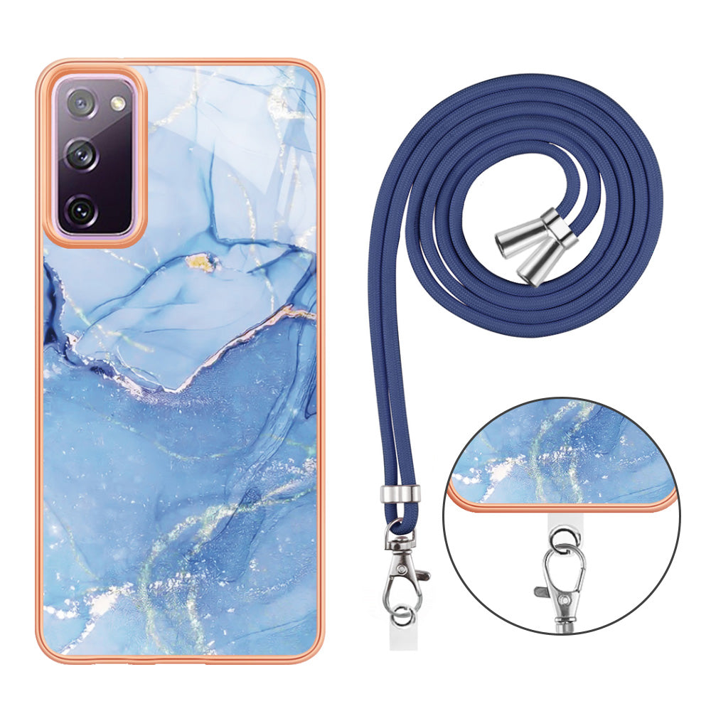 For Samsung Galaxy S20 FE / FE 5G / FE 2022 / S20 Lite IMD Case YB IMD Series-18 Style E Electroplating Marble Pattern 2.0mm TPU Phone Cover with Lanyard - Blue