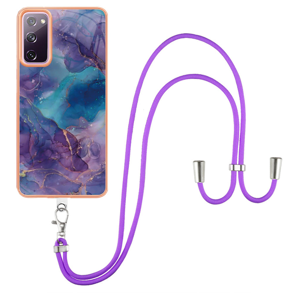 For Samsung Galaxy S20 FE / FE 5G / FE 2022 / S20 Lite IMD Case YB IMD Series-18 Style E Electroplating Marble Pattern 2.0mm TPU Phone Cover with Lanyard - Purple