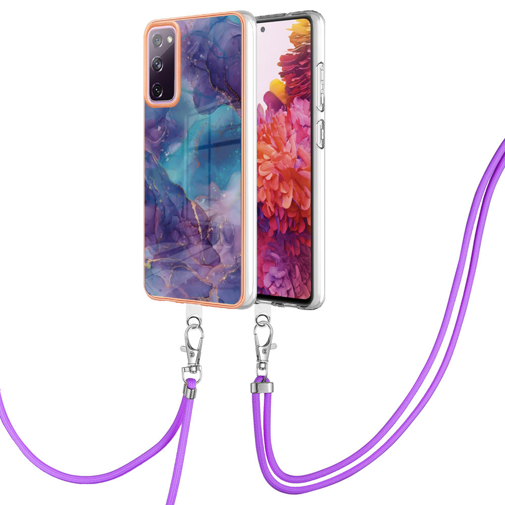 For Samsung Galaxy S20 FE / FE 5G / FE 2022 / S20 Lite IMD Case YB IMD Series-18 Style E Electroplating Marble Pattern 2.0mm TPU Phone Cover with Lanyard - Purple