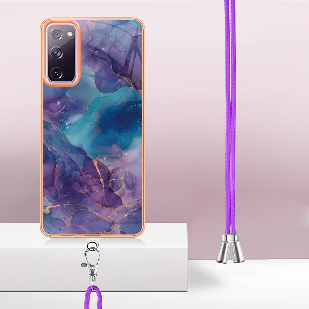 For Samsung Galaxy S20 FE / FE 5G / FE 2022 / S20 Lite IMD Case YB IMD Series-18 Style E Electroplating Marble Pattern 2.0mm TPU Phone Cover with Lanyard - Purple