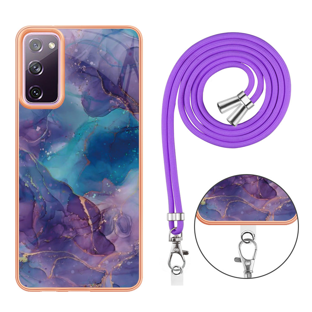 For Samsung Galaxy S20 FE / FE 5G / FE 2022 / S20 Lite IMD Case YB IMD Series-18 Style E Electroplating Marble Pattern 2.0mm TPU Phone Cover with Lanyard - Purple