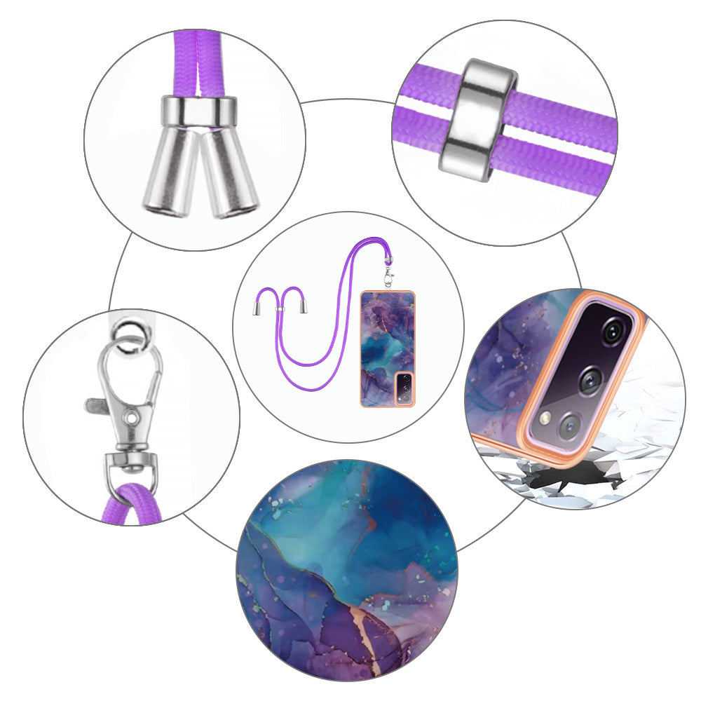 For Samsung Galaxy S20 FE / FE 5G / FE 2022 / S20 Lite IMD Case YB IMD Series-18 Style E Electroplating Marble Pattern 2.0mm TPU Phone Cover with Lanyard - Purple