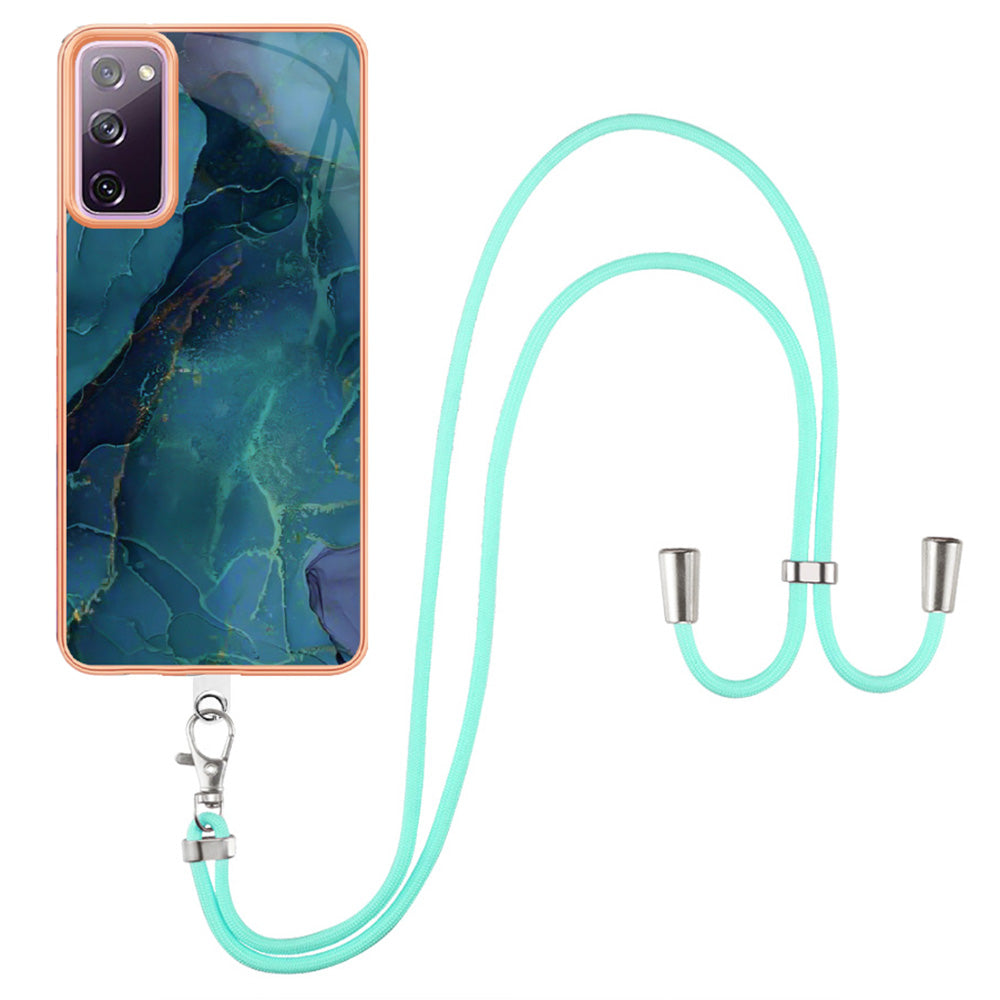 For Samsung Galaxy S20 FE / FE 5G / FE 2022 / S20 Lite IMD Case YB IMD Series-18 Style E Electroplating Marble Pattern 2.0mm TPU Phone Cover with Lanyard - Green