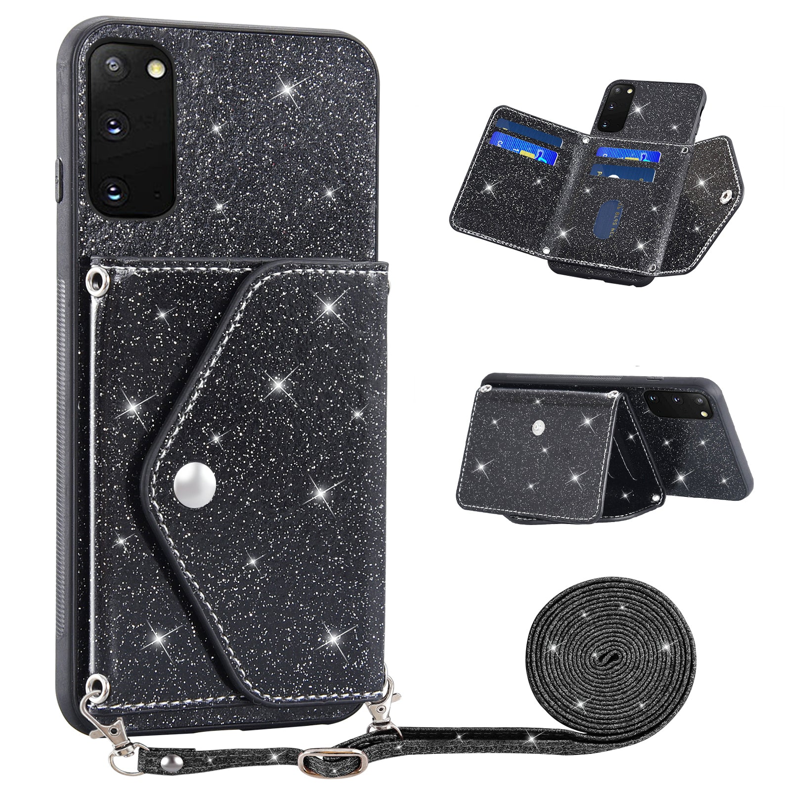 For Samsung Galaxy S20 4G / 5G Phone Case Triangle Card Holder Kickstand PU Leather+TPU Phone Cover - Black