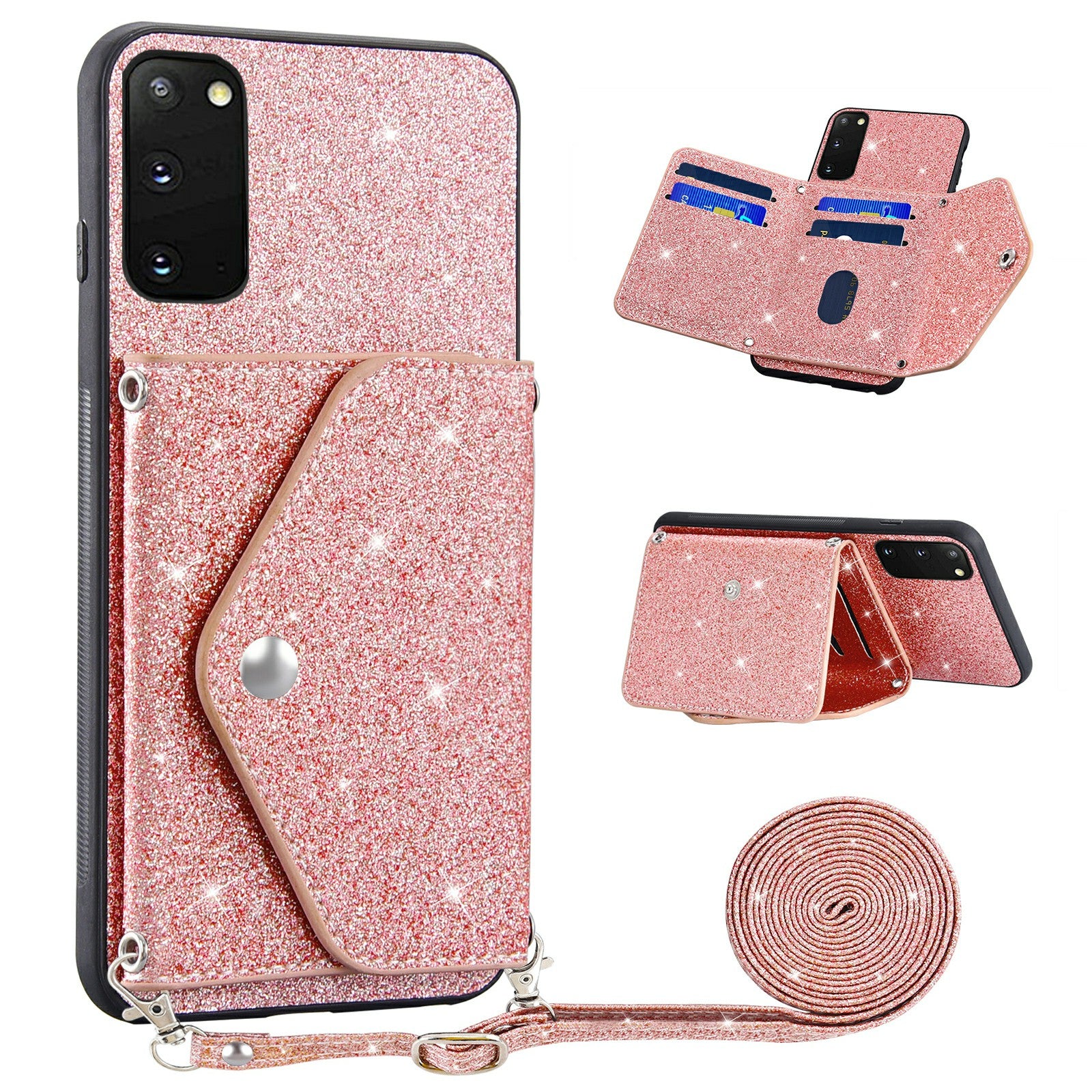 For Samsung Galaxy S20 4G / 5G Phone Case Triangle Card Holder Kickstand PU Leather+TPU Phone Cover - Pink