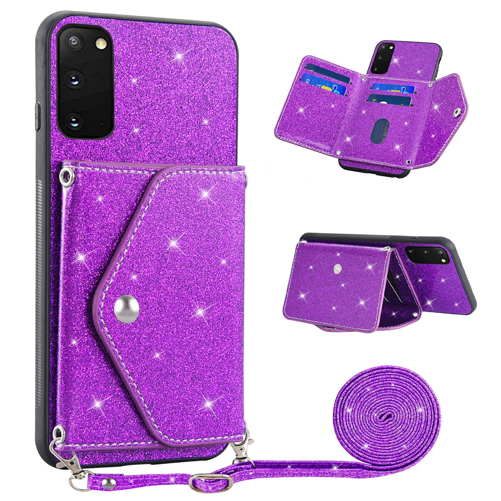 For Samsung Galaxy S20 4G / 5G Phone Case Triangle Card Holder Kickstand PU Leather+TPU Phone Cover - Purple