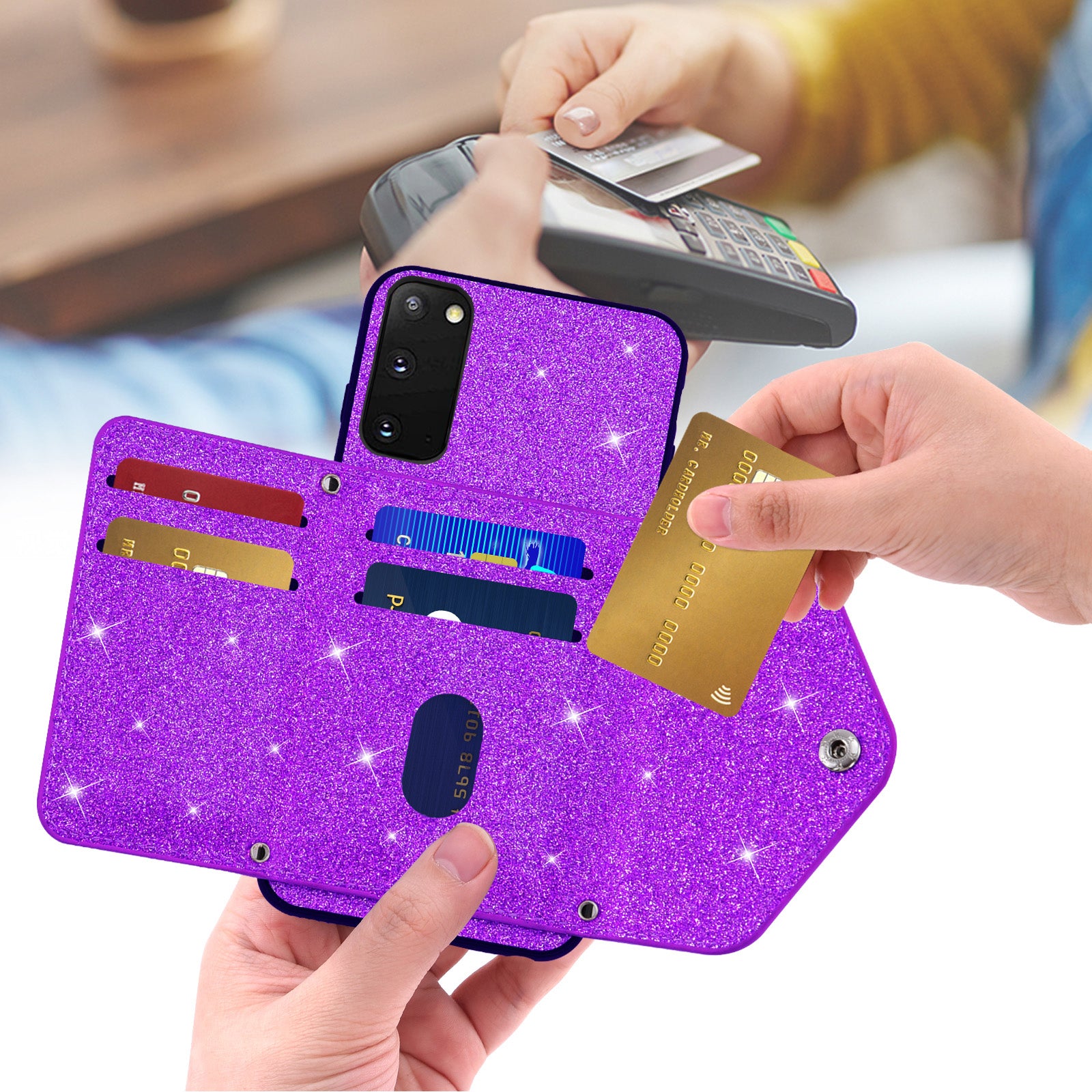 For Samsung Galaxy S20 4G / 5G Phone Case Triangle Card Holder Kickstand PU Leather+TPU Phone Cover - Purple