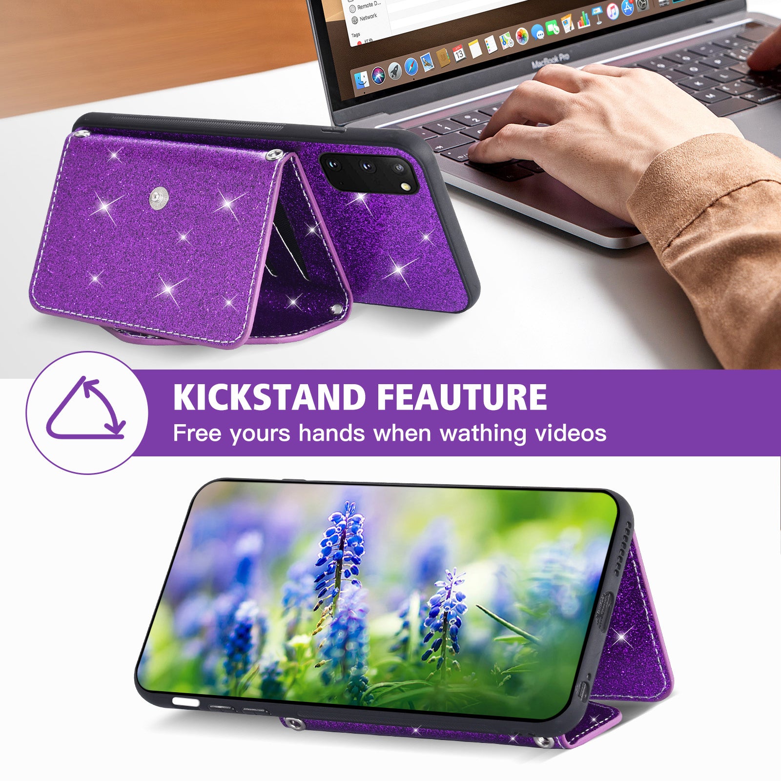 For Samsung Galaxy S20 4G / 5G Phone Case Triangle Card Holder Kickstand PU Leather+TPU Phone Cover - Purple