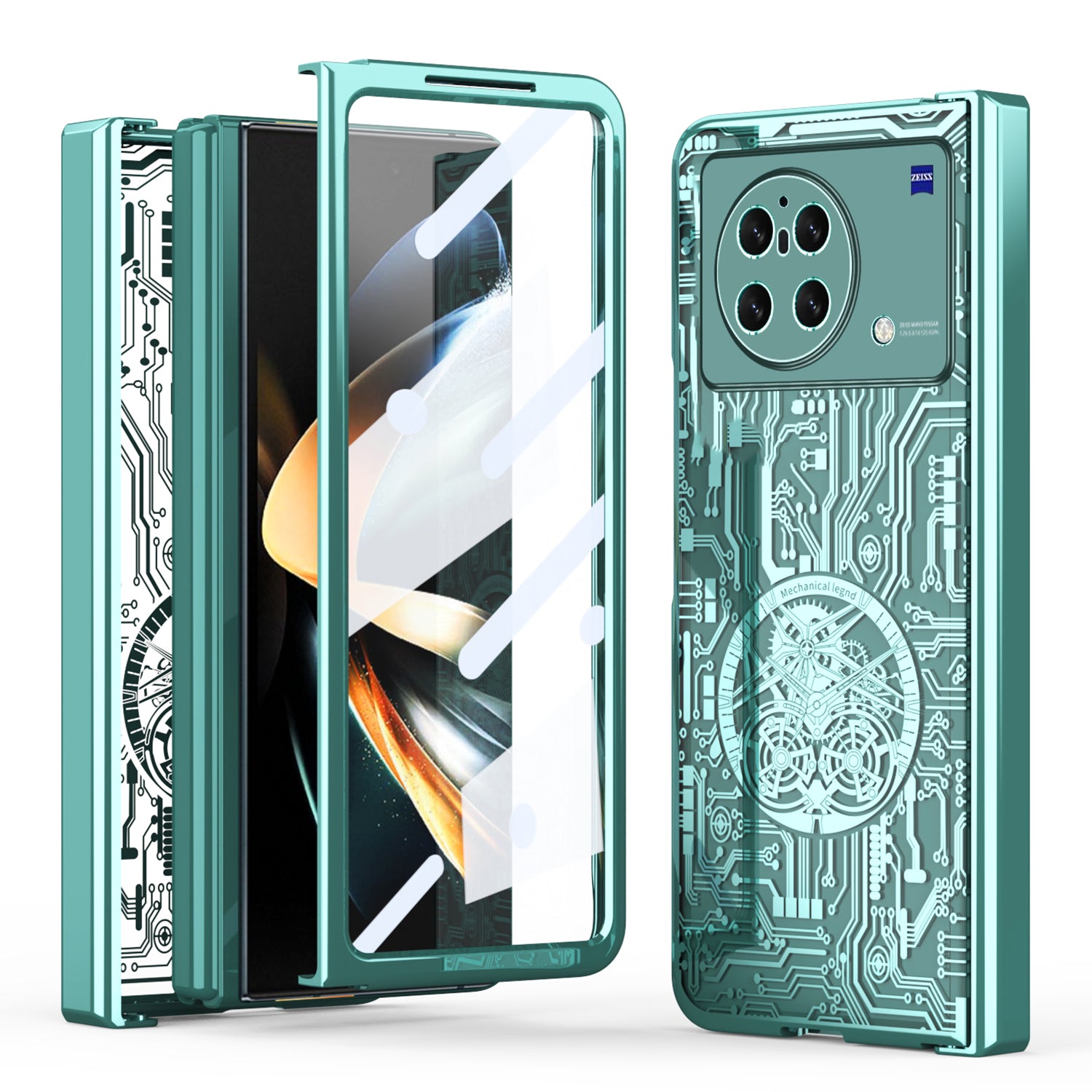 PC Cover for vivo X Fold Mechanical Legend Series Electroplating Folding Phone Case with Tempered Glass Film - Green