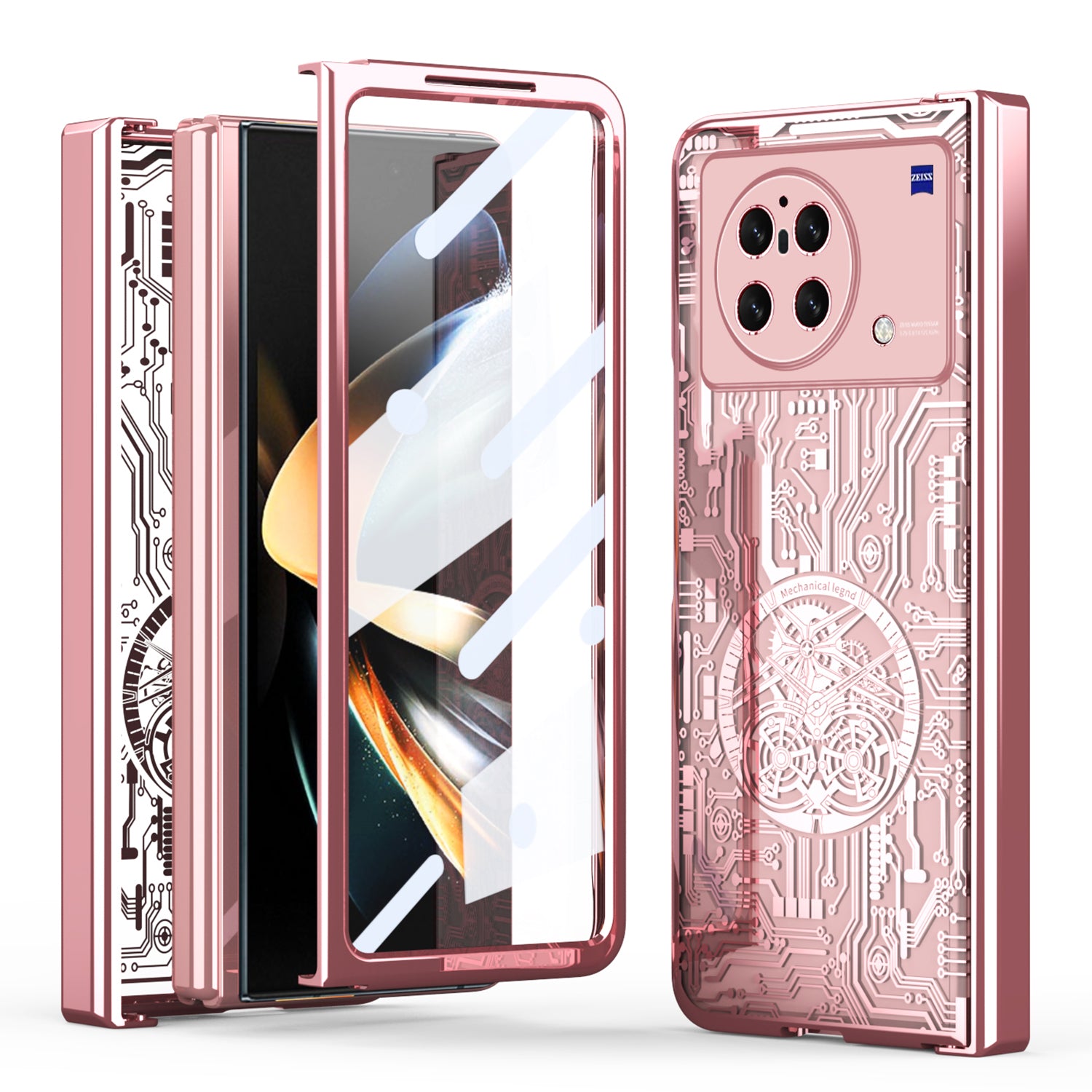 PC Cover for vivo X Fold Mechanical Legend Series Electroplating Folding Phone Case with Tempered Glass Film - Pink