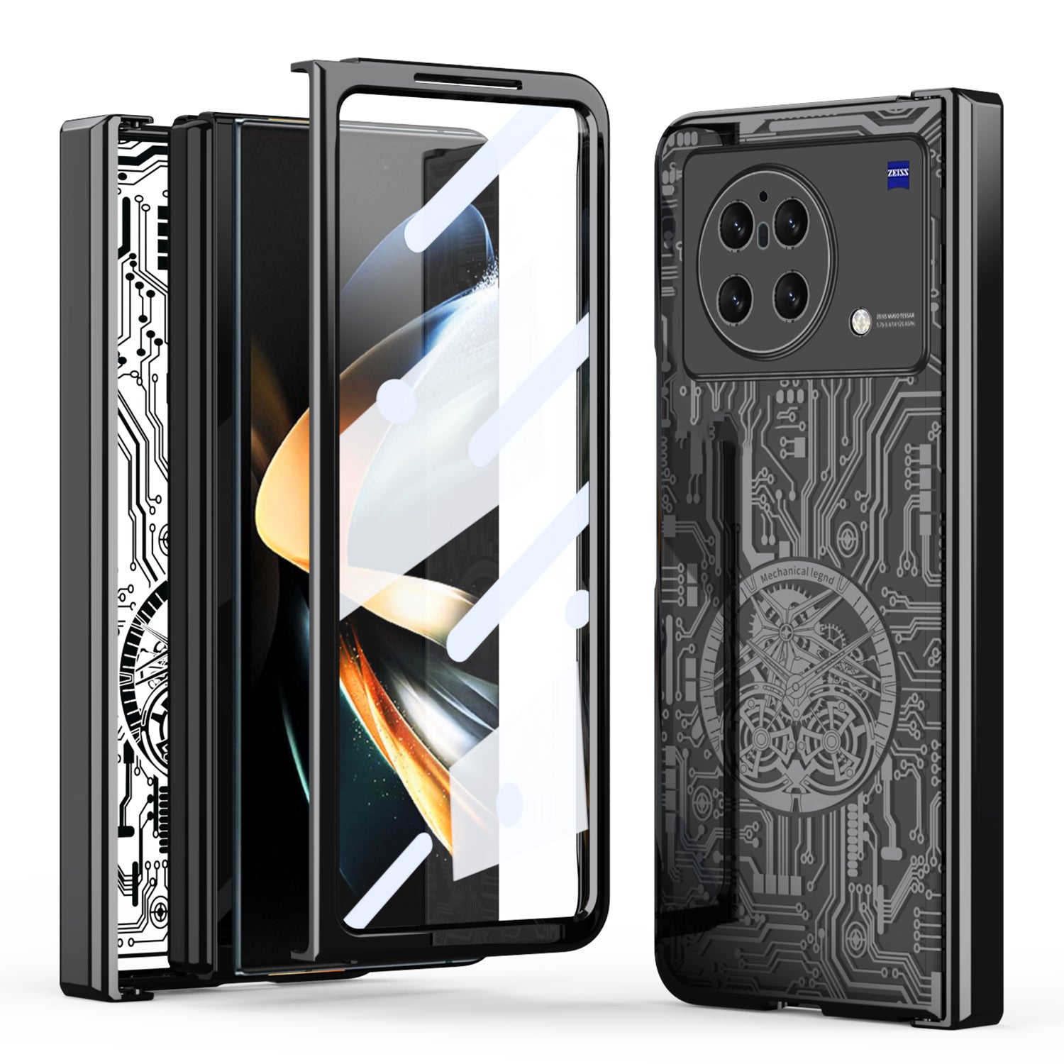 PC Cover for vivo X Fold Mechanical Legend Series Electroplating Folding Phone Case with Tempered Glass Film - Black