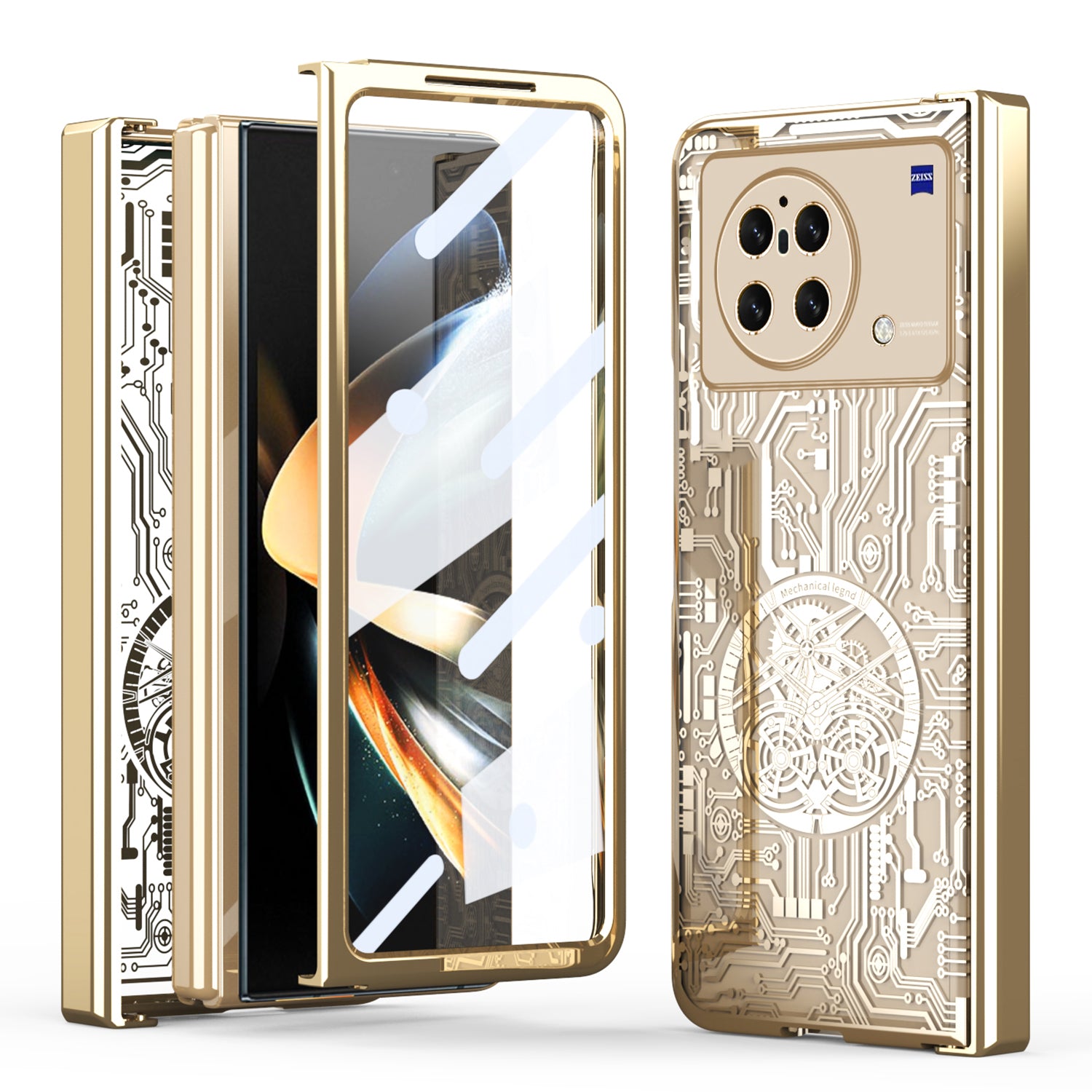 PC Cover for vivo X Fold Mechanical Legend Series Electroplating Folding Phone Case with Tempered Glass Film - Gold