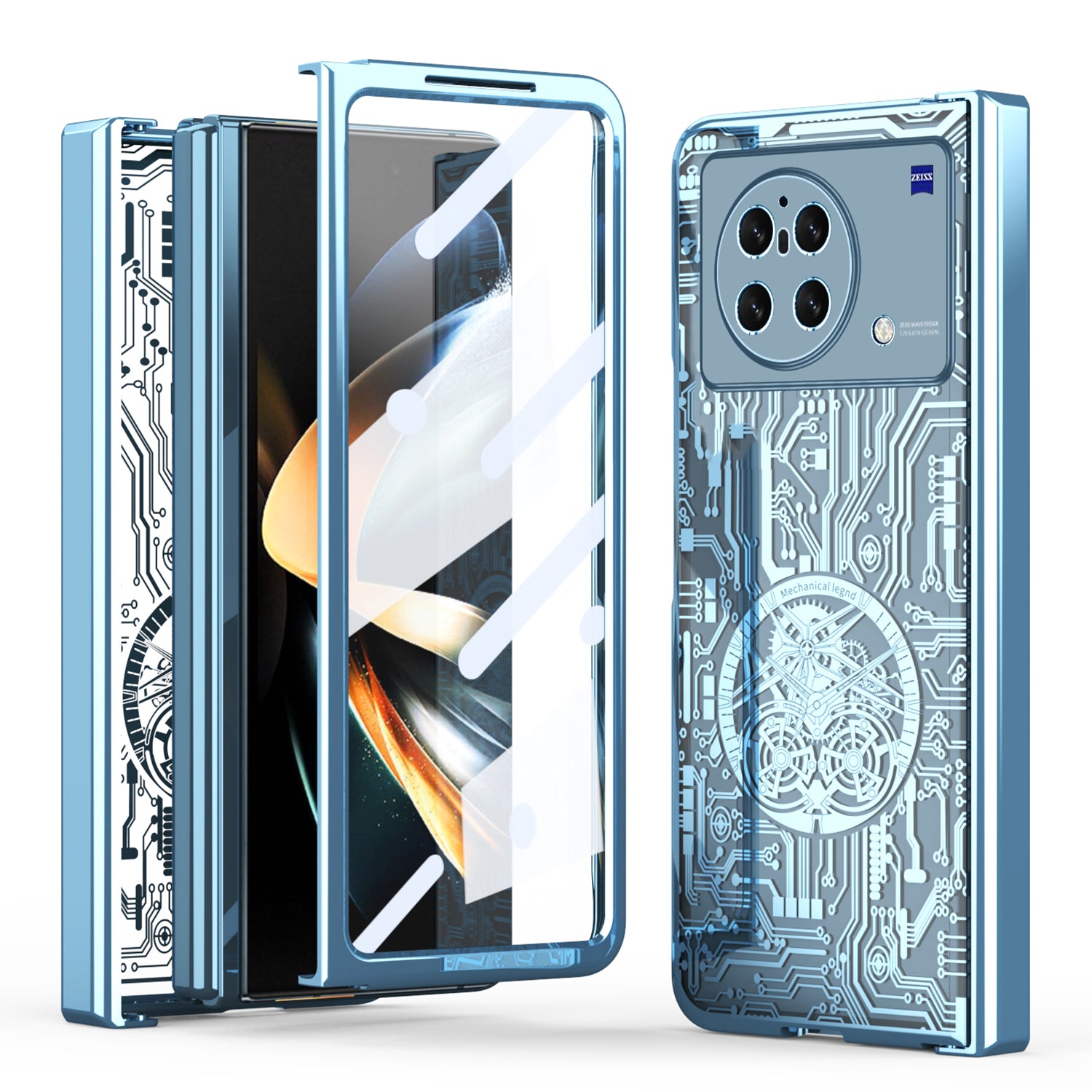 PC Cover for vivo X Fold Mechanical Legend Series Electroplating Folding Phone Case with Tempered Glass Film - Blue