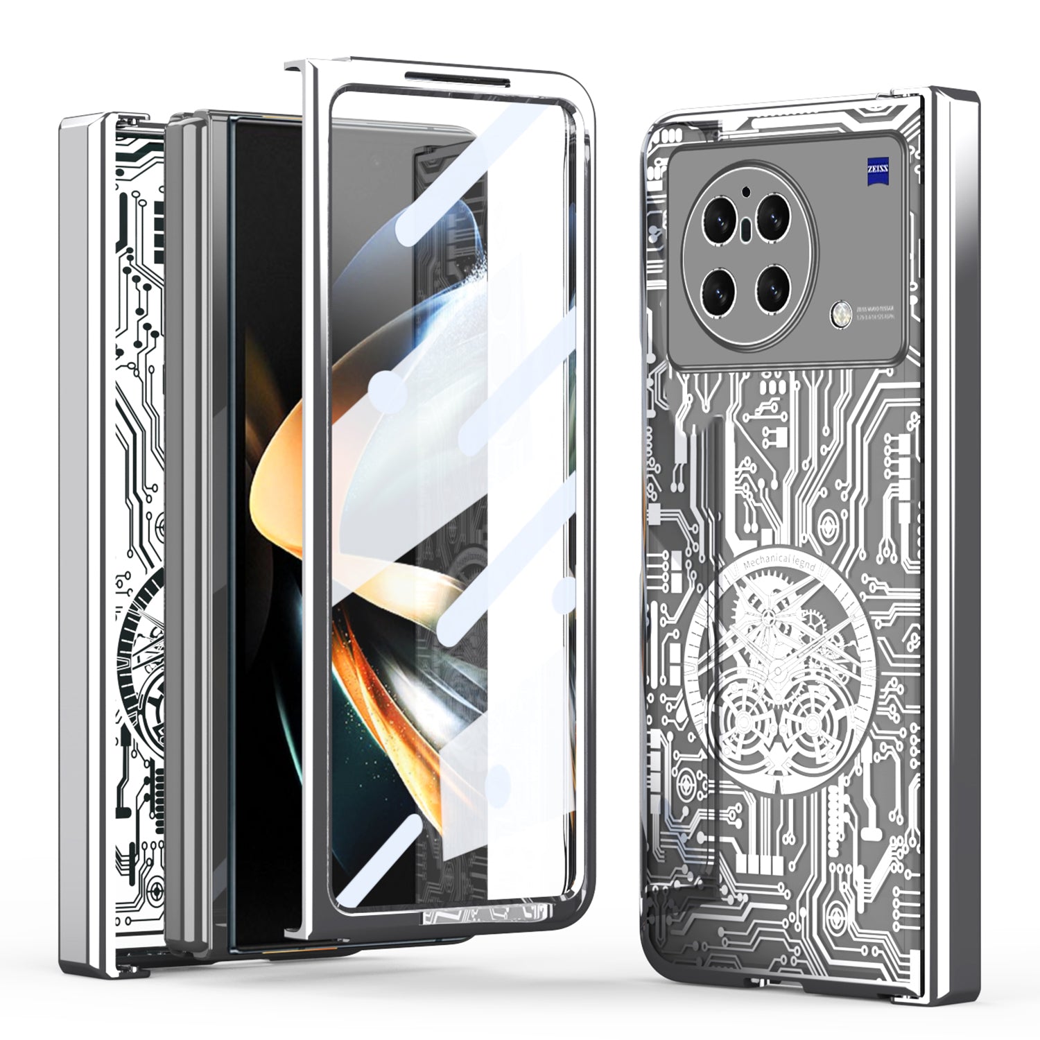 PC Cover for vivo X Fold Mechanical Legend Series Electroplating Folding Phone Case with Tempered Glass Film - Silver