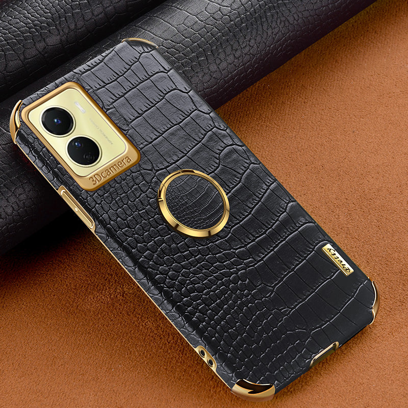 For vivo Y16 4G / Y02s 4G Crocodile Texture Ring Kickstand Case 6D Electroplating Leather Coated TPU Anti-drop Cover - Black