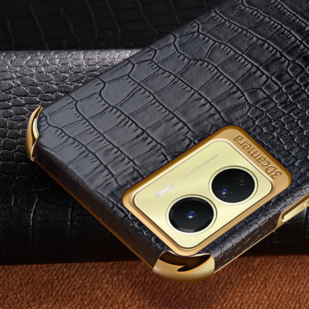 For vivo Y16 4G / Y02s 4G Crocodile Texture Ring Kickstand Case 6D Electroplating Leather Coated TPU Anti-drop Cover - Black