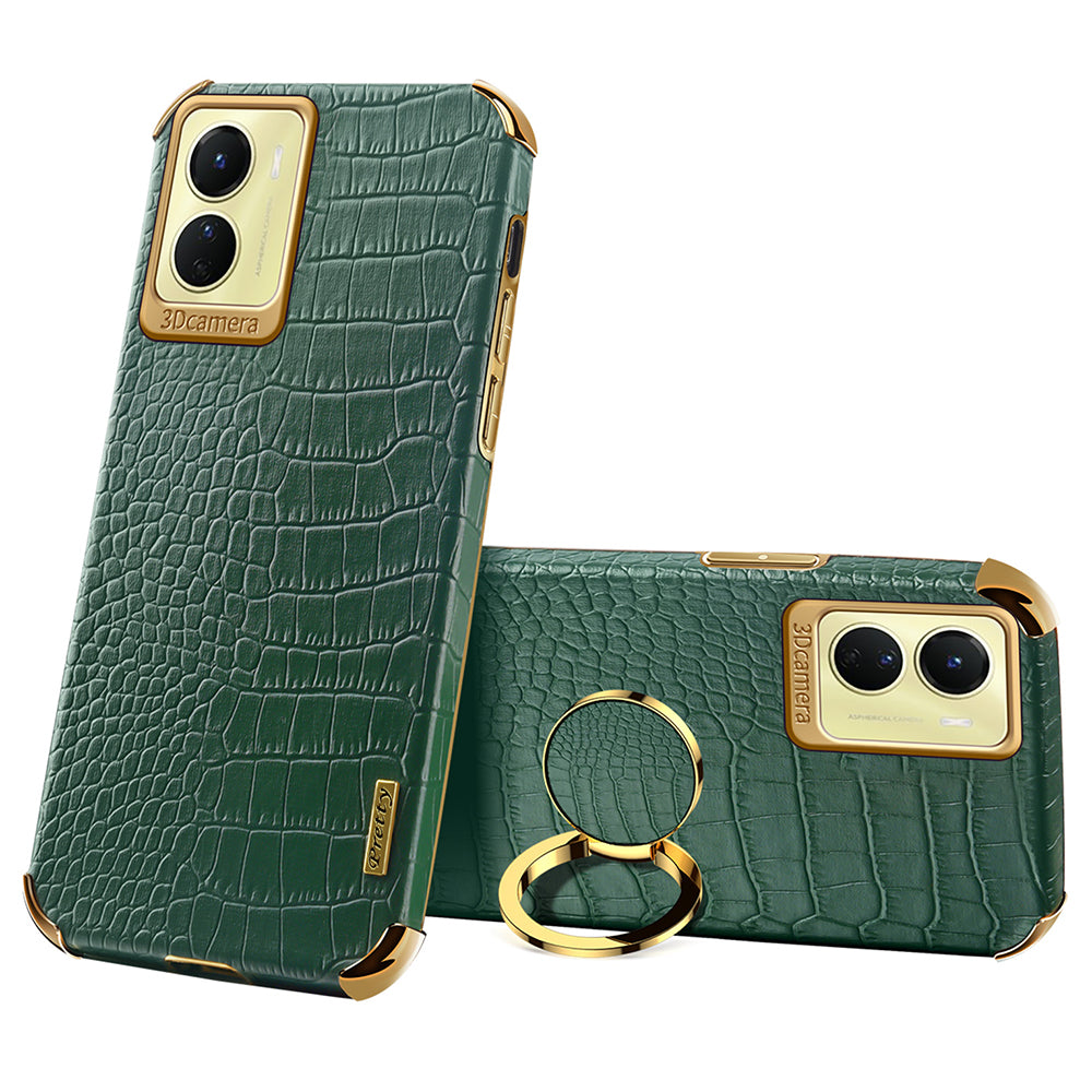 For vivo Y16 4G / Y02s 4G Crocodile Texture Ring Kickstand Case 6D Electroplating Leather Coated TPU Anti-drop Cover - Green