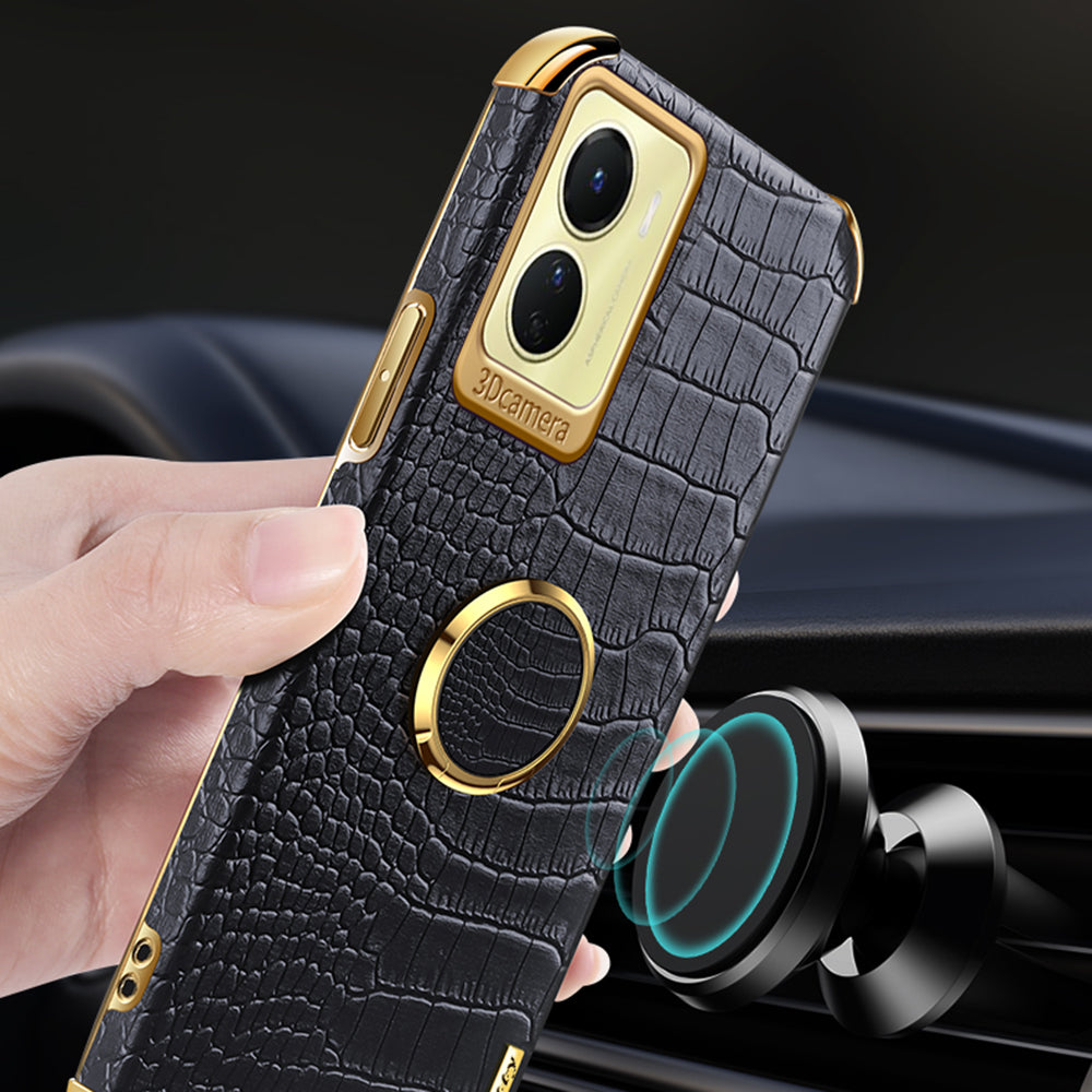 For vivo Y16 4G / Y02s 4G Crocodile Texture Ring Kickstand Case 6D Electroplating Leather Coated TPU Anti-drop Cover - Green