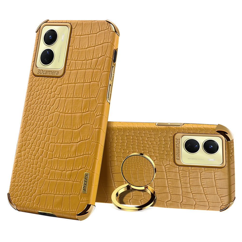 For vivo Y16 4G / Y02s 4G Crocodile Texture Ring Kickstand Case 6D Electroplating Leather Coated TPU Anti-drop Cover - Yellow