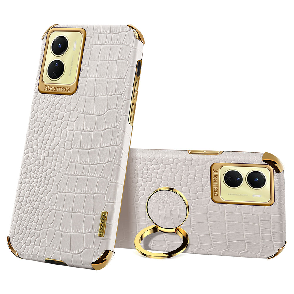 For vivo Y16 4G / Y02s 4G Crocodile Texture Ring Kickstand Case 6D Electroplating Leather Coated TPU Anti-drop Cover - White