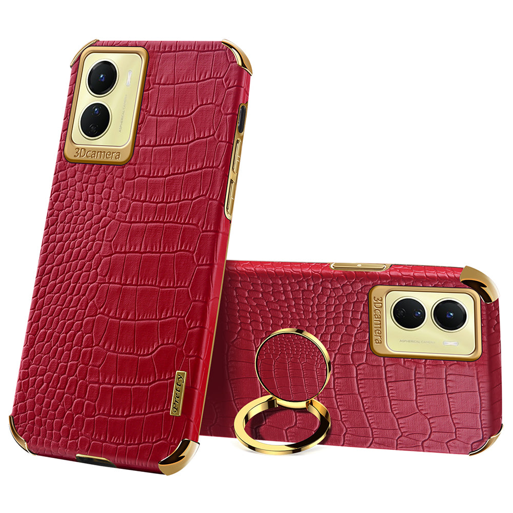 For vivo Y16 4G / Y02s 4G Crocodile Texture Ring Kickstand Case 6D Electroplating Leather Coated TPU Anti-drop Cover - Red