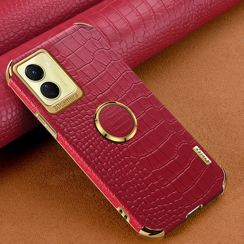 For vivo Y16 4G / Y02s 4G Crocodile Texture Ring Kickstand Case 6D Electroplating Leather Coated TPU Anti-drop Cover - Red