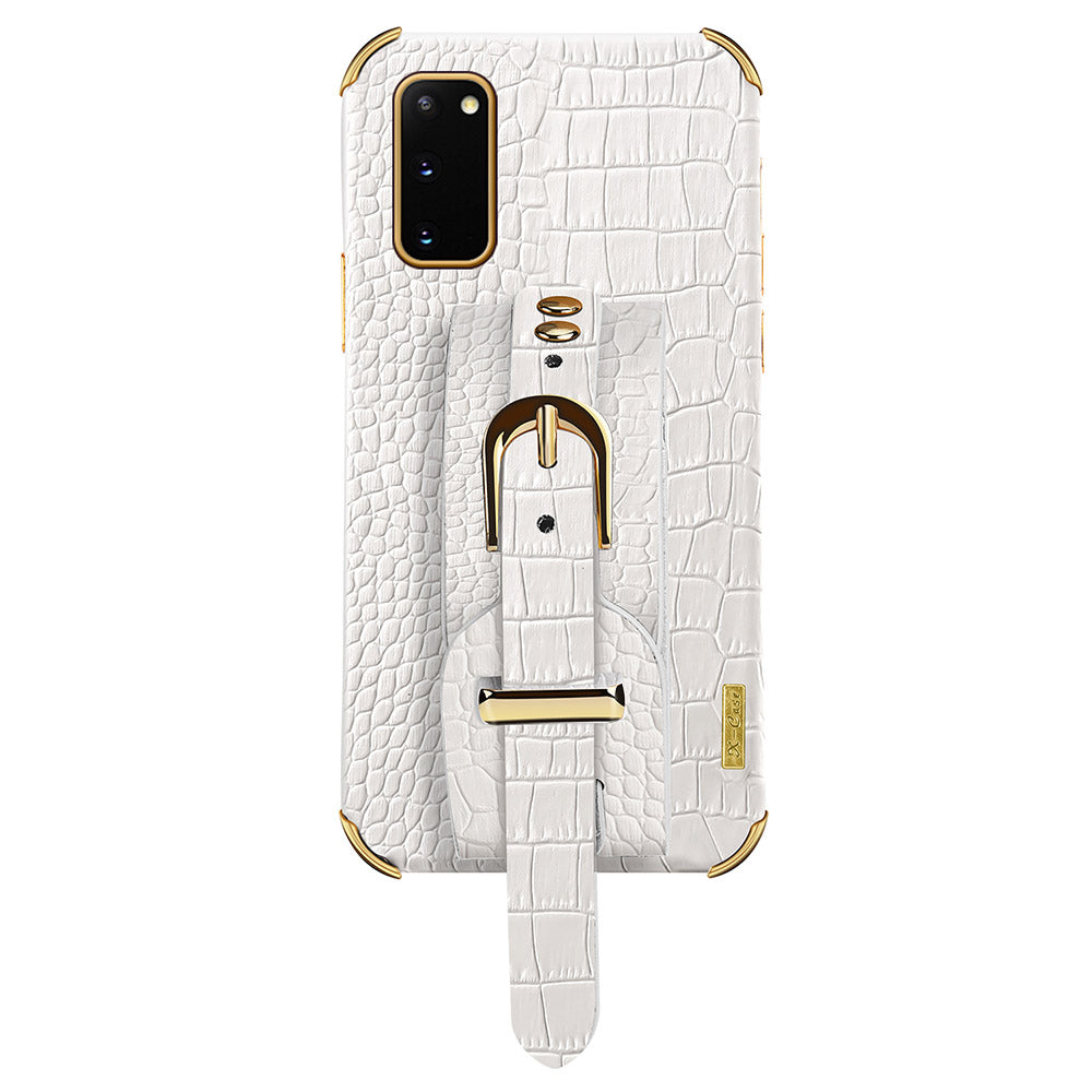 For Samsung Galaxy S20 5G / 4G Crocodile Texture Phone Cover Electroplated Leather Coated TPU Case with Strap Kickstand - White