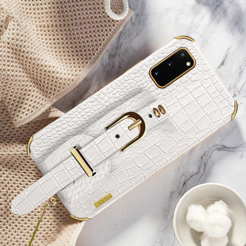 For Samsung Galaxy S20 5G / 4G Crocodile Texture Phone Cover Electroplated Leather Coated TPU Case with Strap Kickstand - White