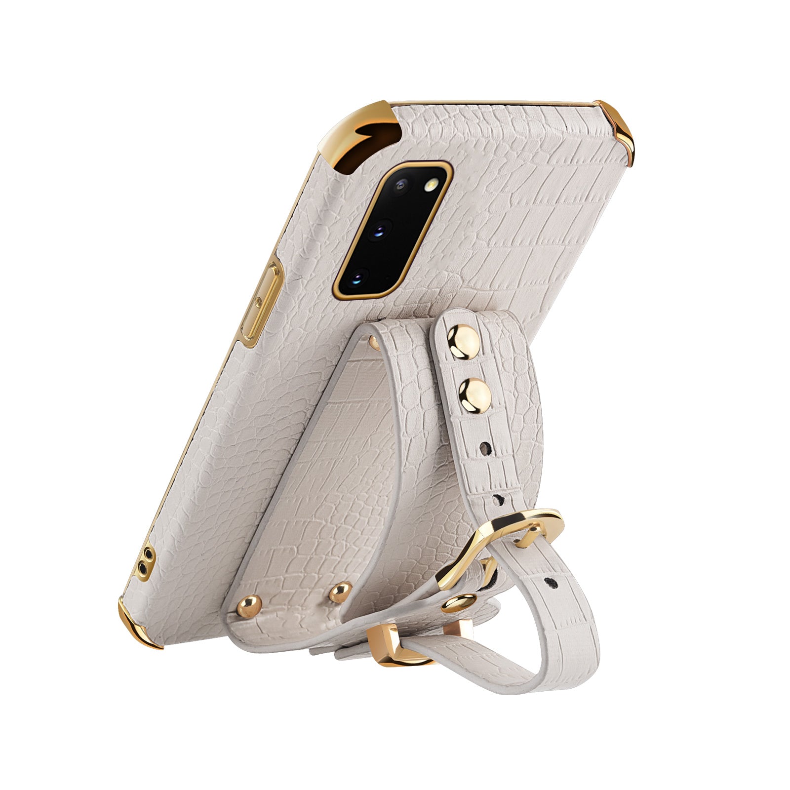 For Samsung Galaxy S20 5G / 4G Crocodile Texture Phone Cover Electroplated Leather Coated TPU Case with Strap Kickstand - White