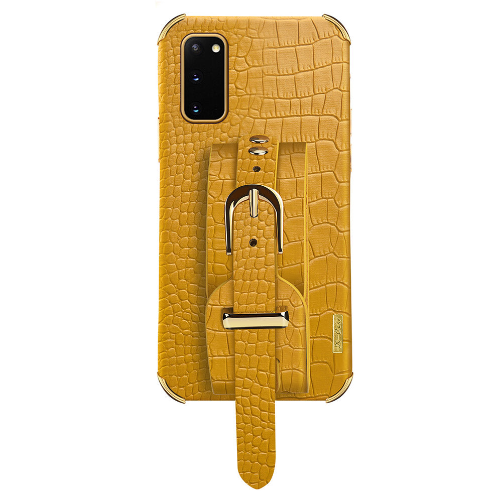 For Samsung Galaxy S20 5G / 4G Crocodile Texture Phone Cover Electroplated Leather Coated TPU Case with Strap Kickstand - Yellow