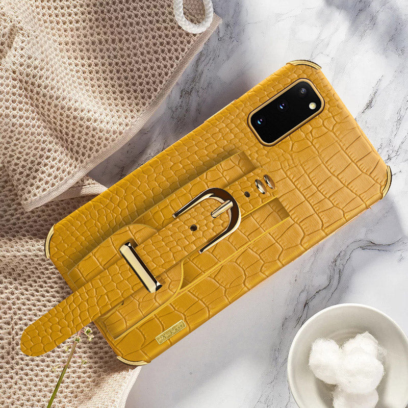 For Samsung Galaxy S20 5G / 4G Crocodile Texture Phone Cover Electroplated Leather Coated TPU Case with Strap Kickstand - Yellow