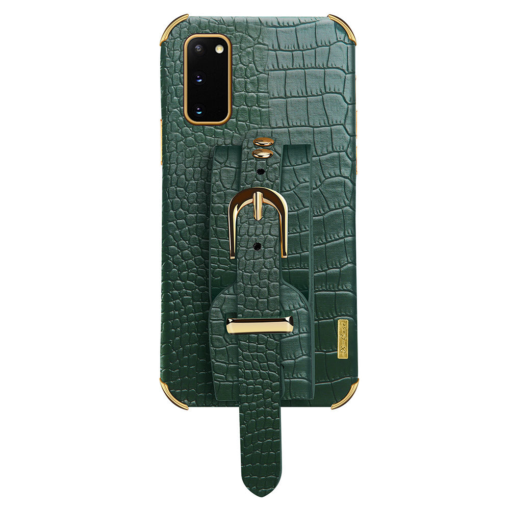 For Samsung Galaxy S20 5G / 4G Crocodile Texture Phone Cover Electroplated Leather Coated TPU Case with Strap Kickstand - Green