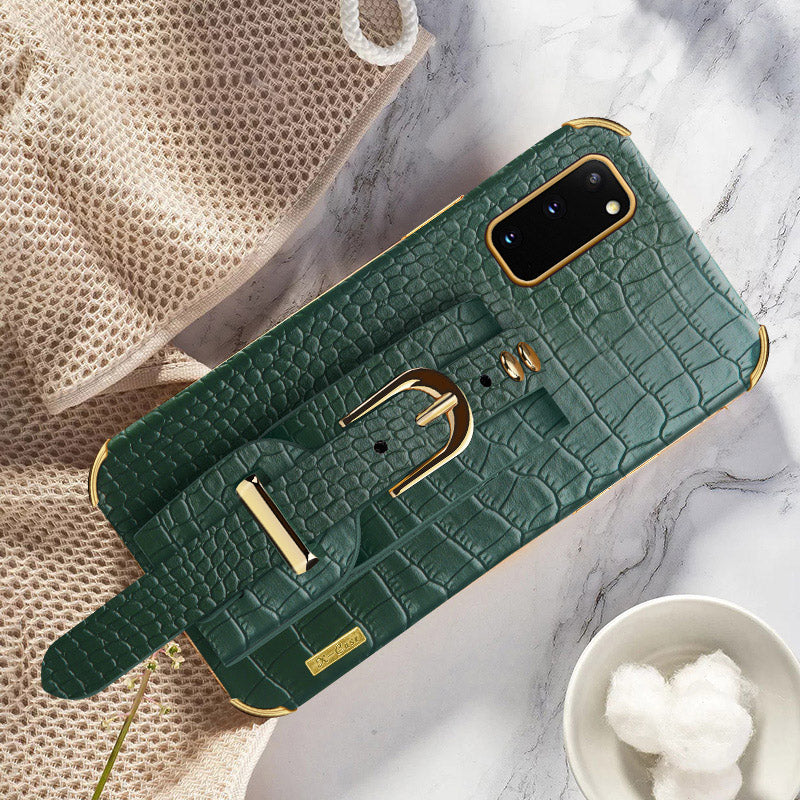 For Samsung Galaxy S20 5G / 4G Crocodile Texture Phone Cover Electroplated Leather Coated TPU Case with Strap Kickstand - Green