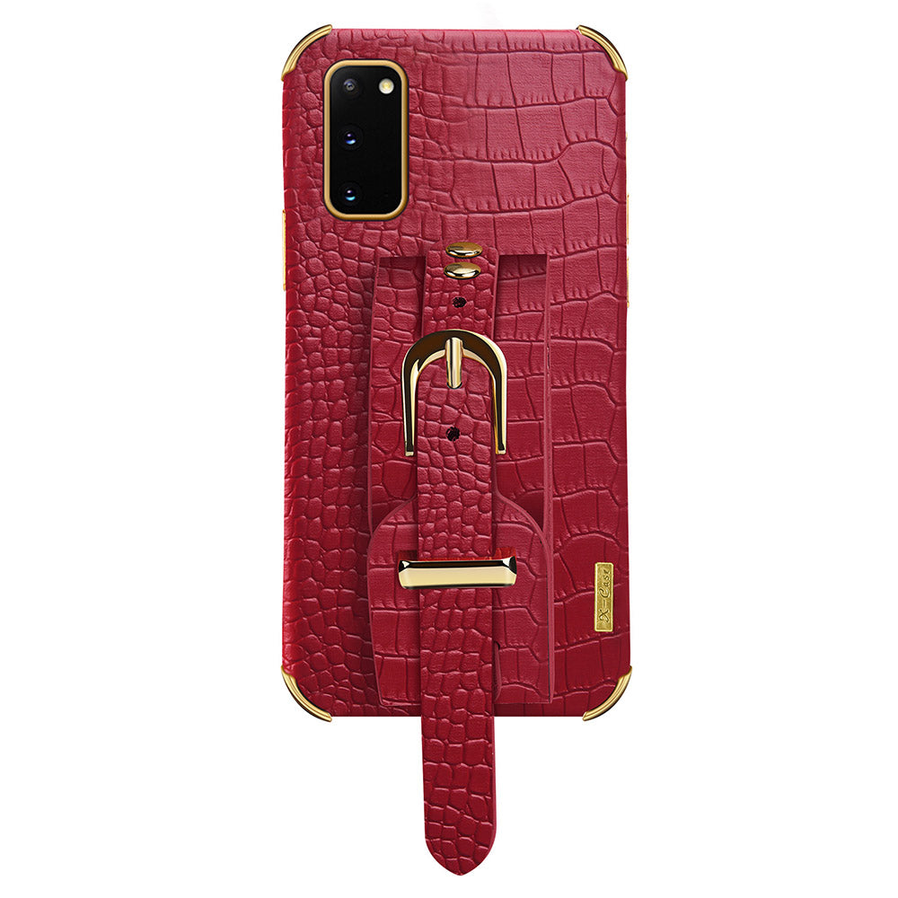 For Samsung Galaxy S20 5G / 4G Crocodile Texture Phone Cover Electroplated Leather Coated TPU Case with Strap Kickstand - Red