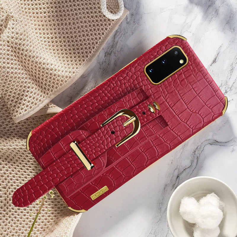 For Samsung Galaxy S20 5G / 4G Crocodile Texture Phone Cover Electroplated Leather Coated TPU Case with Strap Kickstand - Red