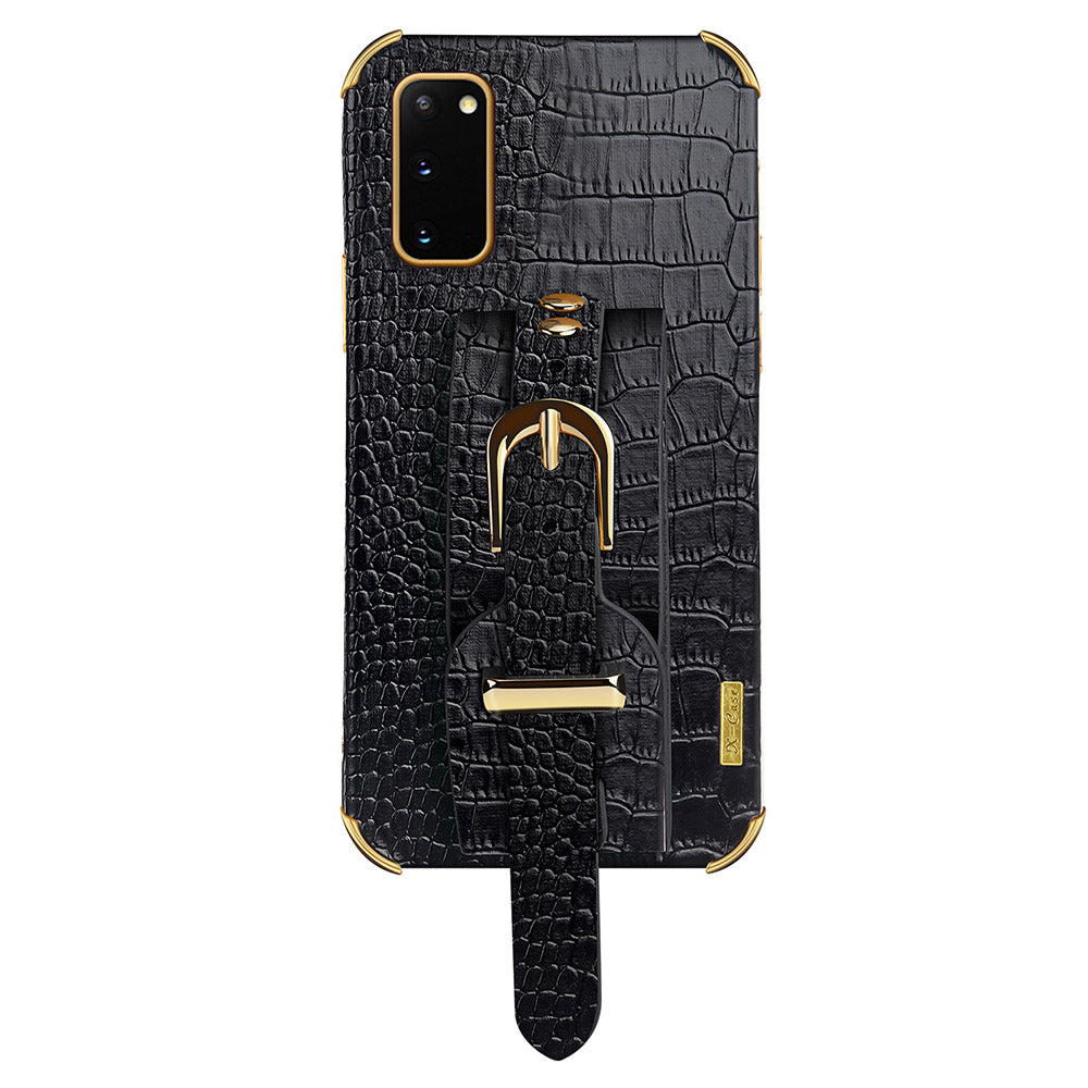 For Samsung Galaxy S20 5G / 4G Crocodile Texture Phone Cover Electroplated Leather Coated TPU Case with Strap Kickstand - Black