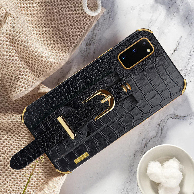 For Samsung Galaxy S20 5G / 4G Crocodile Texture Phone Cover Electroplated Leather Coated TPU Case with Strap Kickstand - Black