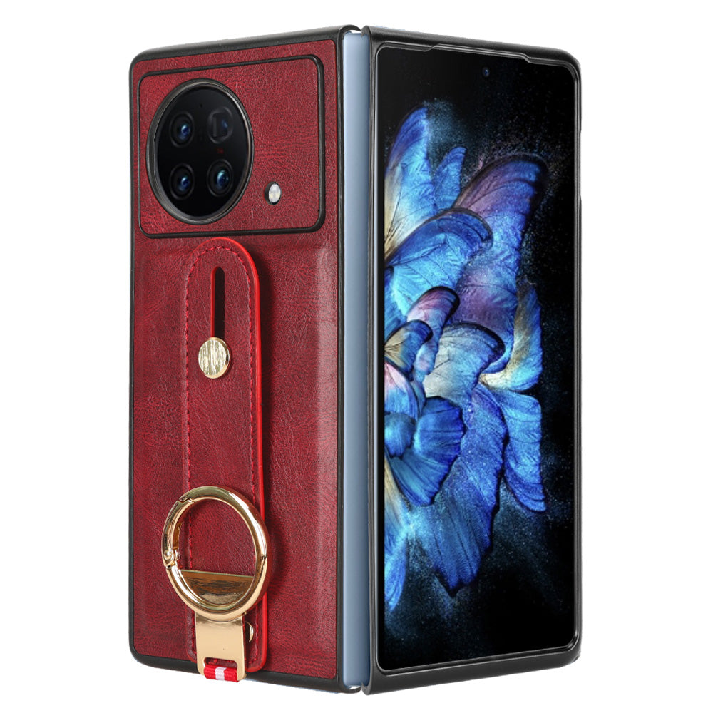 Wristband Phone Cover for vivo X Fold , Leather Coating PC+TPU Case with Neck Strap - Red