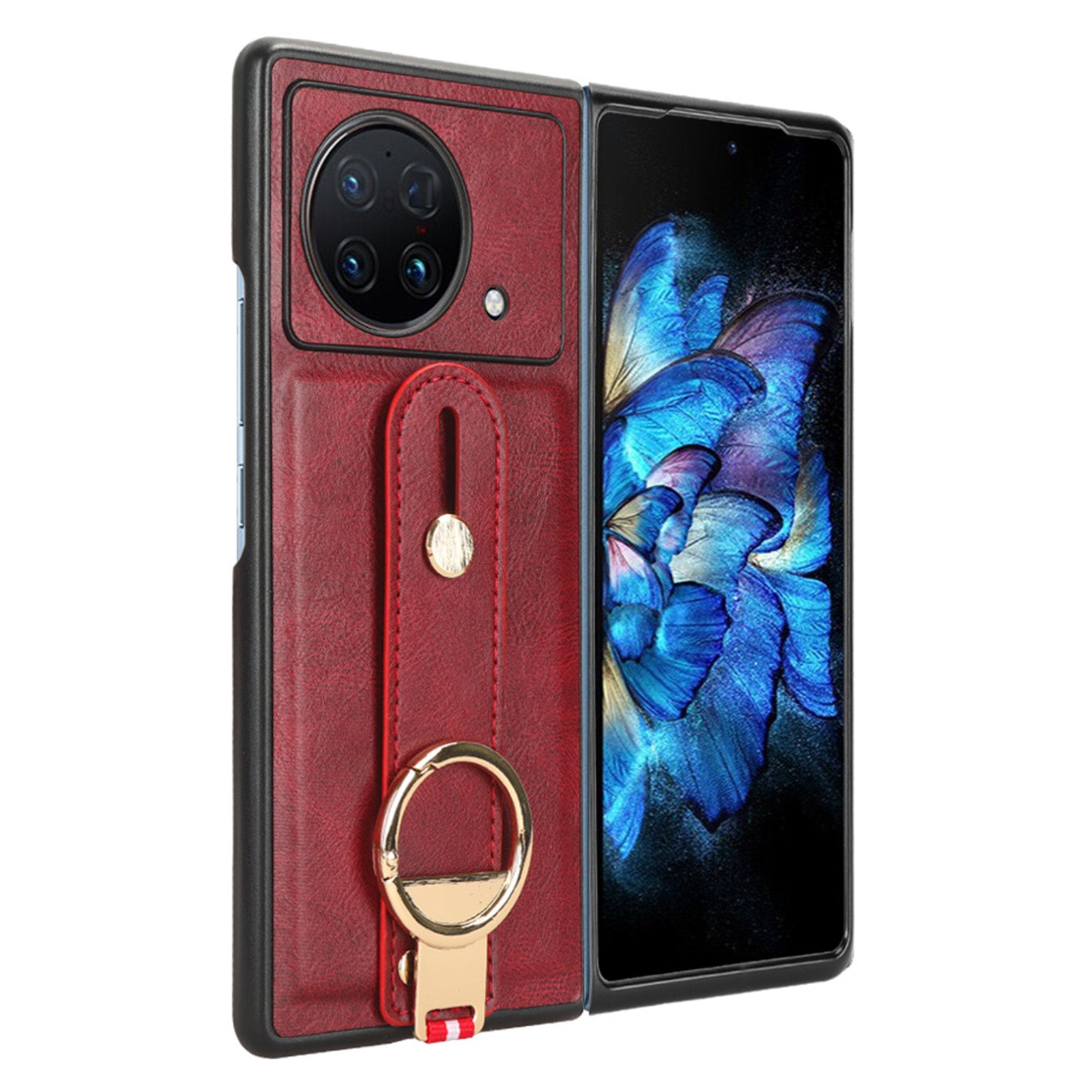 Wristband Phone Cover for vivo X Fold , Leather Coating PC+TPU Case with Neck Strap - Red