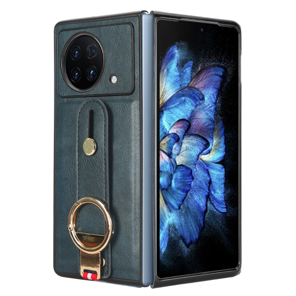 Wristband Phone Cover for vivo X Fold , Leather Coating PC+TPU Case with Neck Strap - Blue