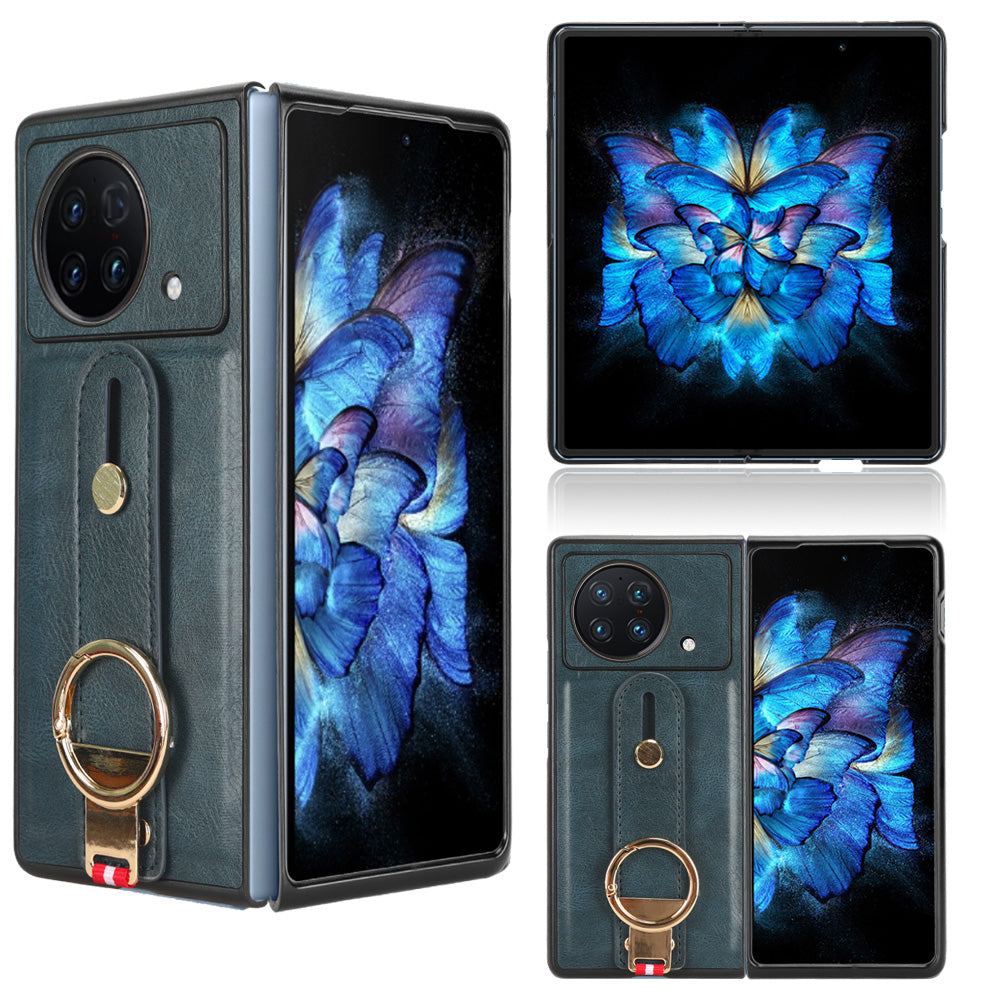 Wristband Phone Cover for vivo X Fold , Leather Coating PC+TPU Case with Neck Strap - Blue