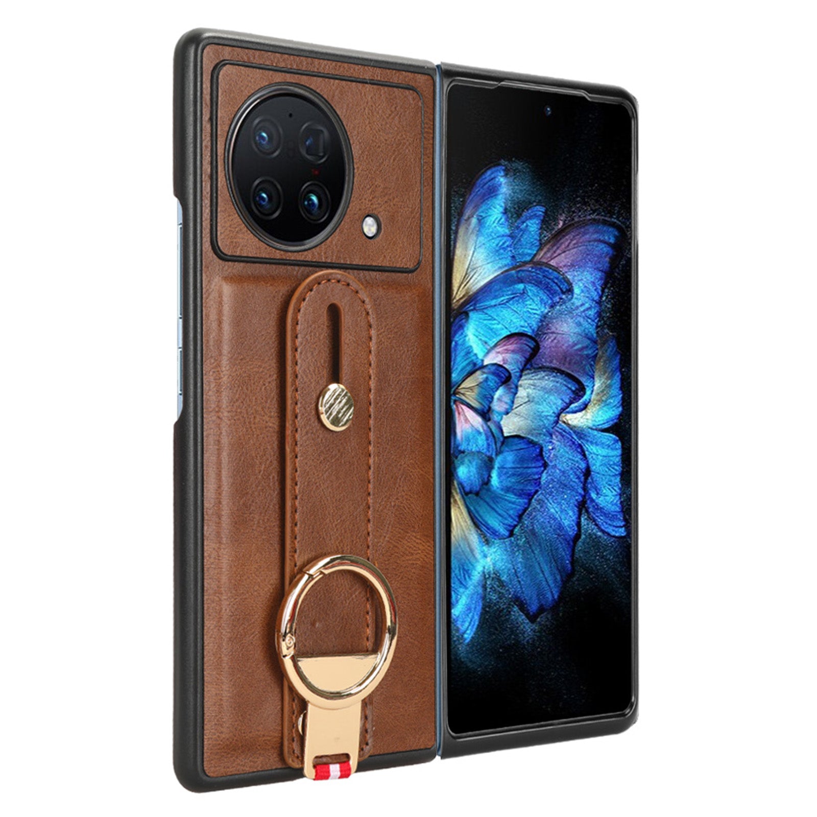Wristband Phone Cover for vivo X Fold , Leather Coating PC+TPU Case with Neck Strap - Brown