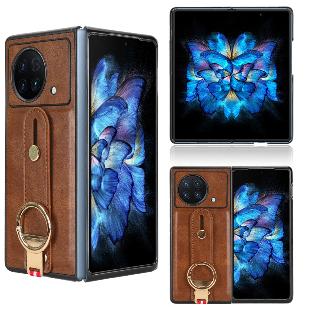 Wristband Phone Cover for vivo X Fold , Leather Coating PC+TPU Case with Neck Strap - Brown